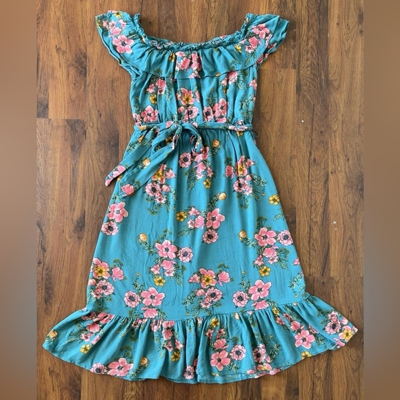 Floral Midi Dress in Teal and Pink - Picture 2 of 8